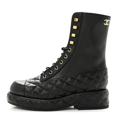 Chanel Calfskin Quilted Lace Up Combat Boots 38 Black 1 of 10