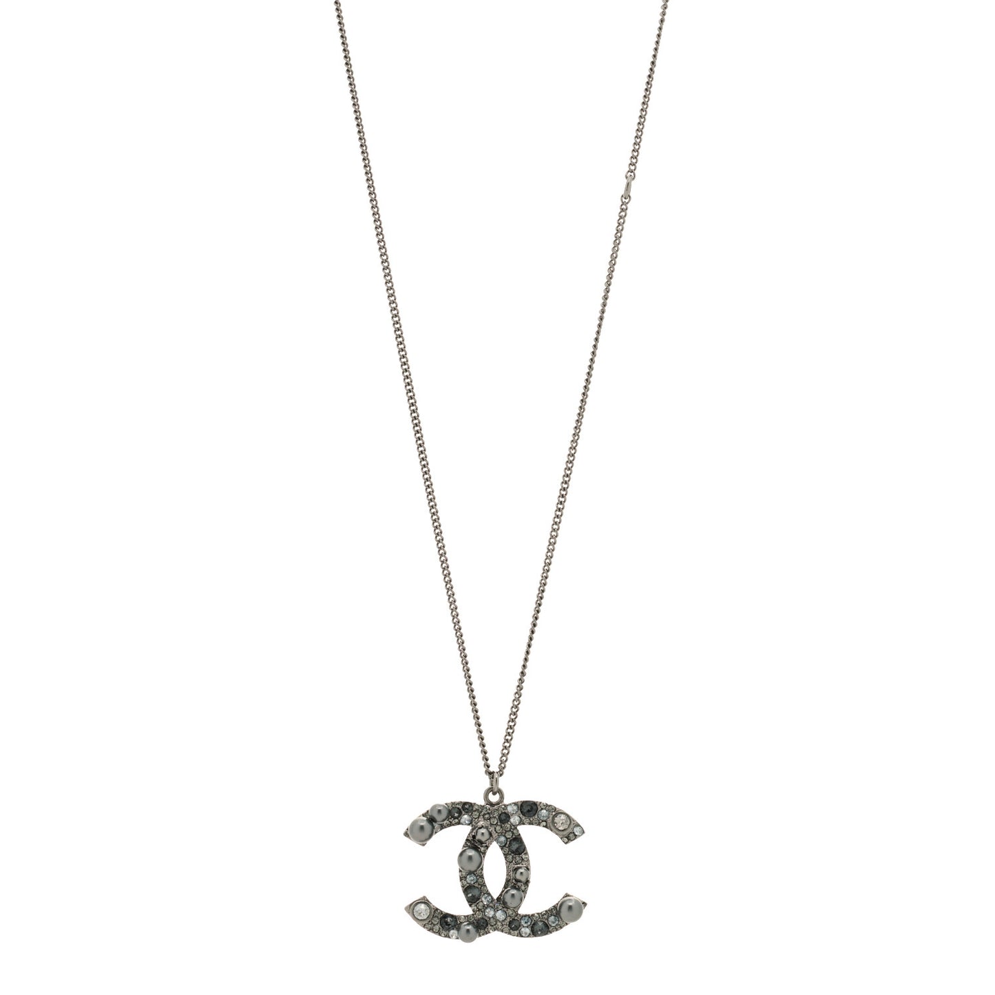 Crystal Pearl CC Pendant Necklace Silver Grey