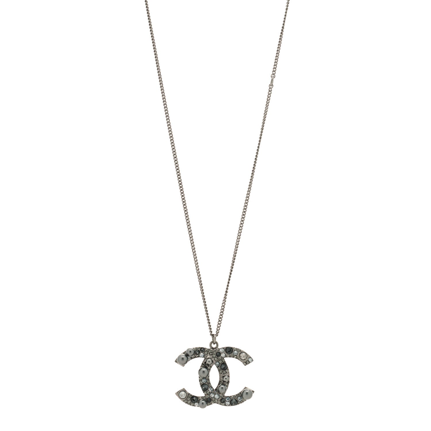 Chanel Crystal Pearl CC Pendant Necklace Silver Grey 1 of 3
