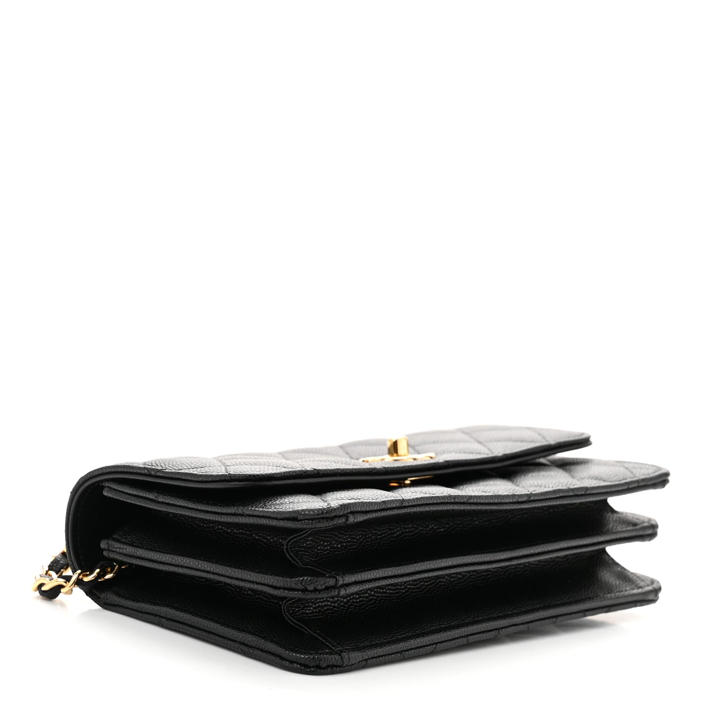Shiny Caviar Quilted Flap Charm Wallet On Chain WOC Black