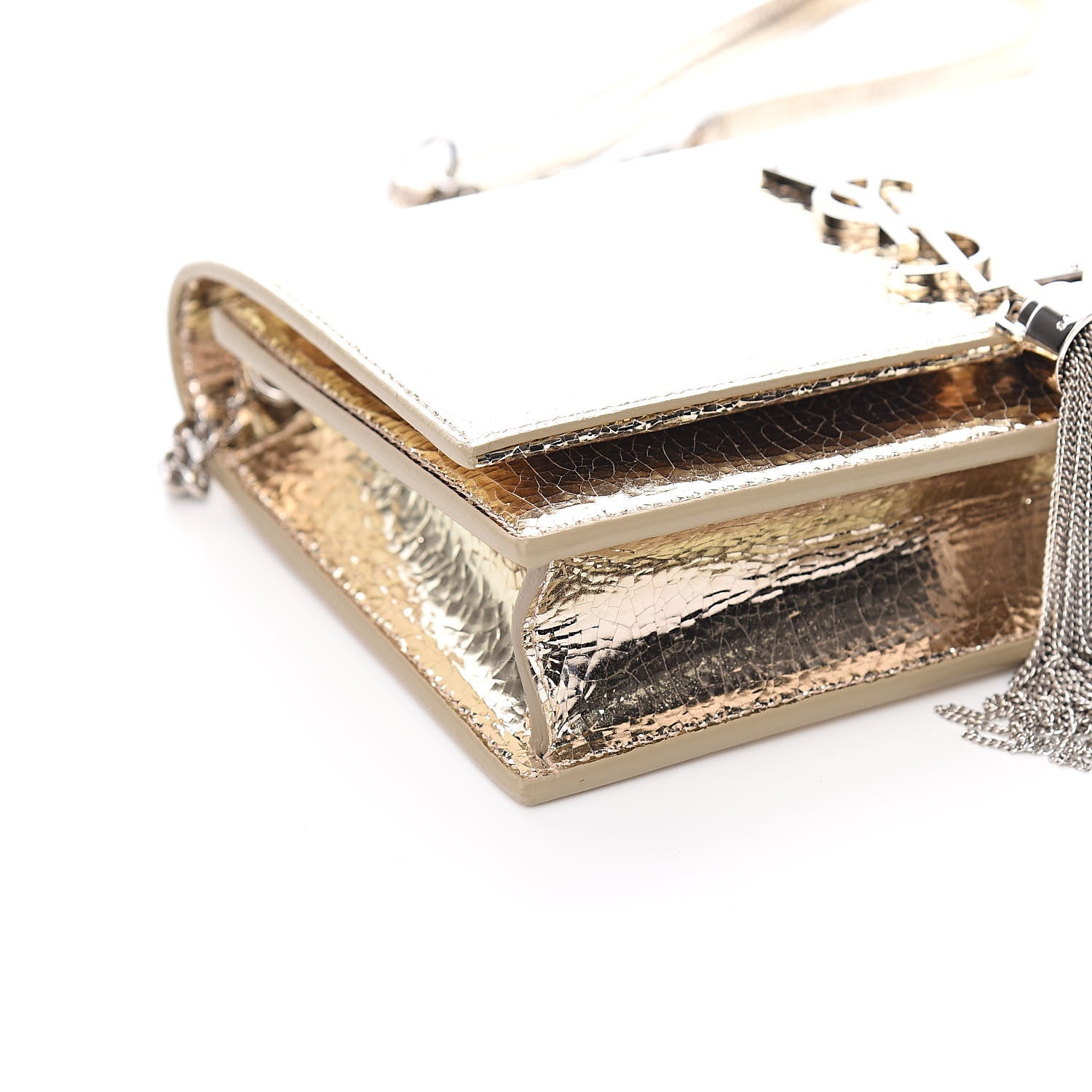 Saint Laurent Metallic Crackled Calfskin Kate Monogram Tassel Chain Wallet Gold 7 of 10