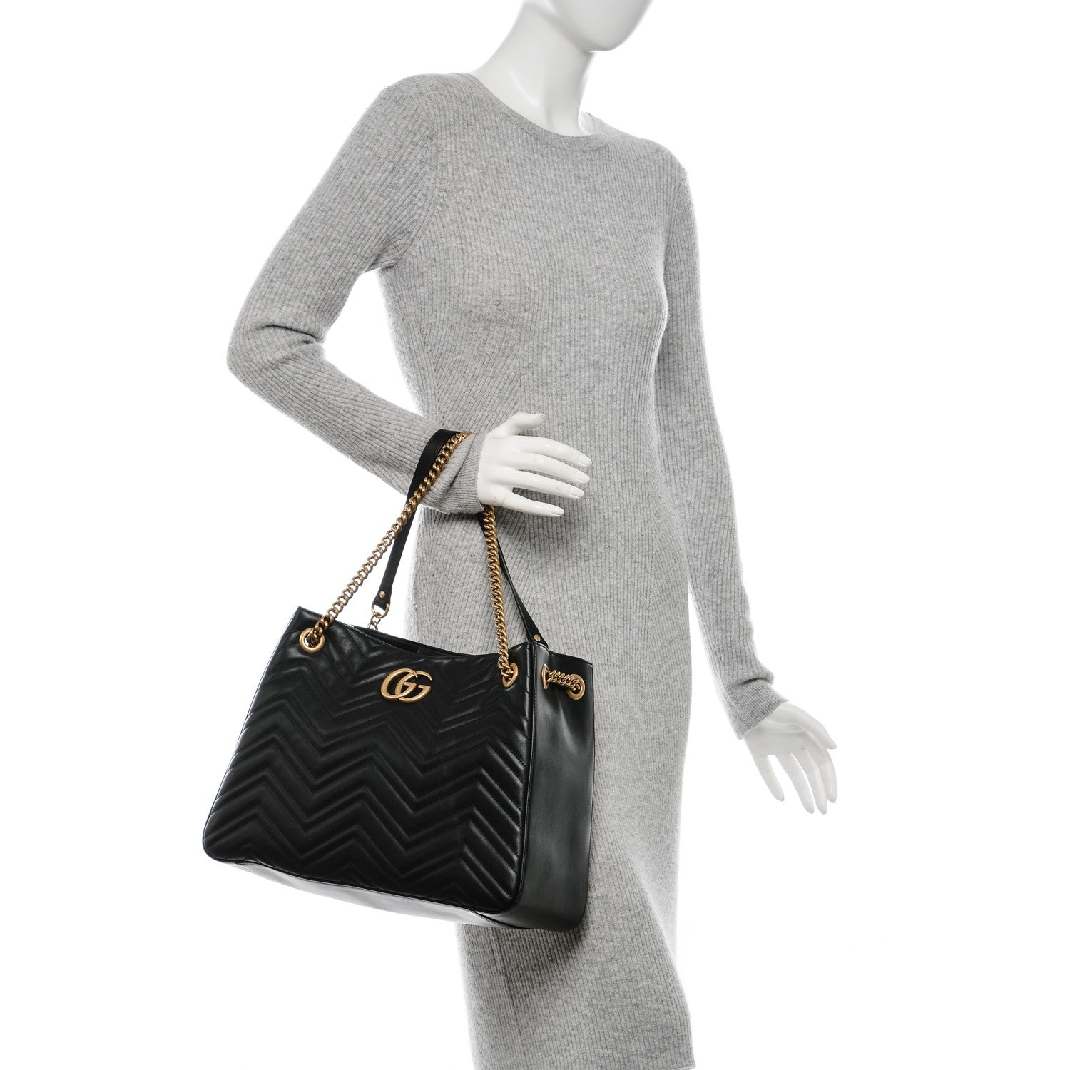 Gucci Calfskin Matelasse Medium GG Marmont Shoulder Tote Bag Black 2 of 6