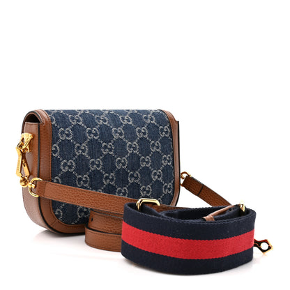 Gucci New Denim GG Monogram Dollar Calfskin Web Mini Horsebit 1955 Shoulder Bag Blue Tea Cuir Epilog 3 of 10