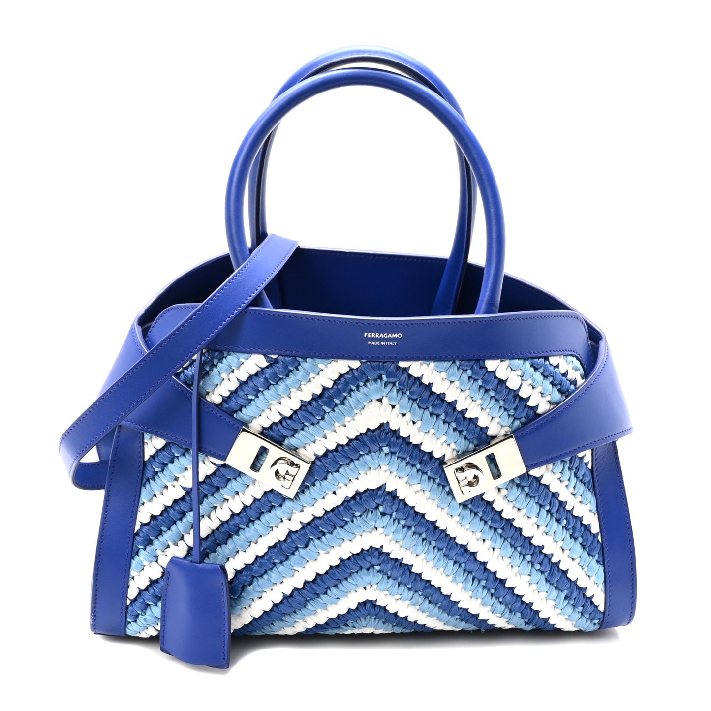 Raffia Effect Calfskin Medium Hug Bag White Lapis Lazuli