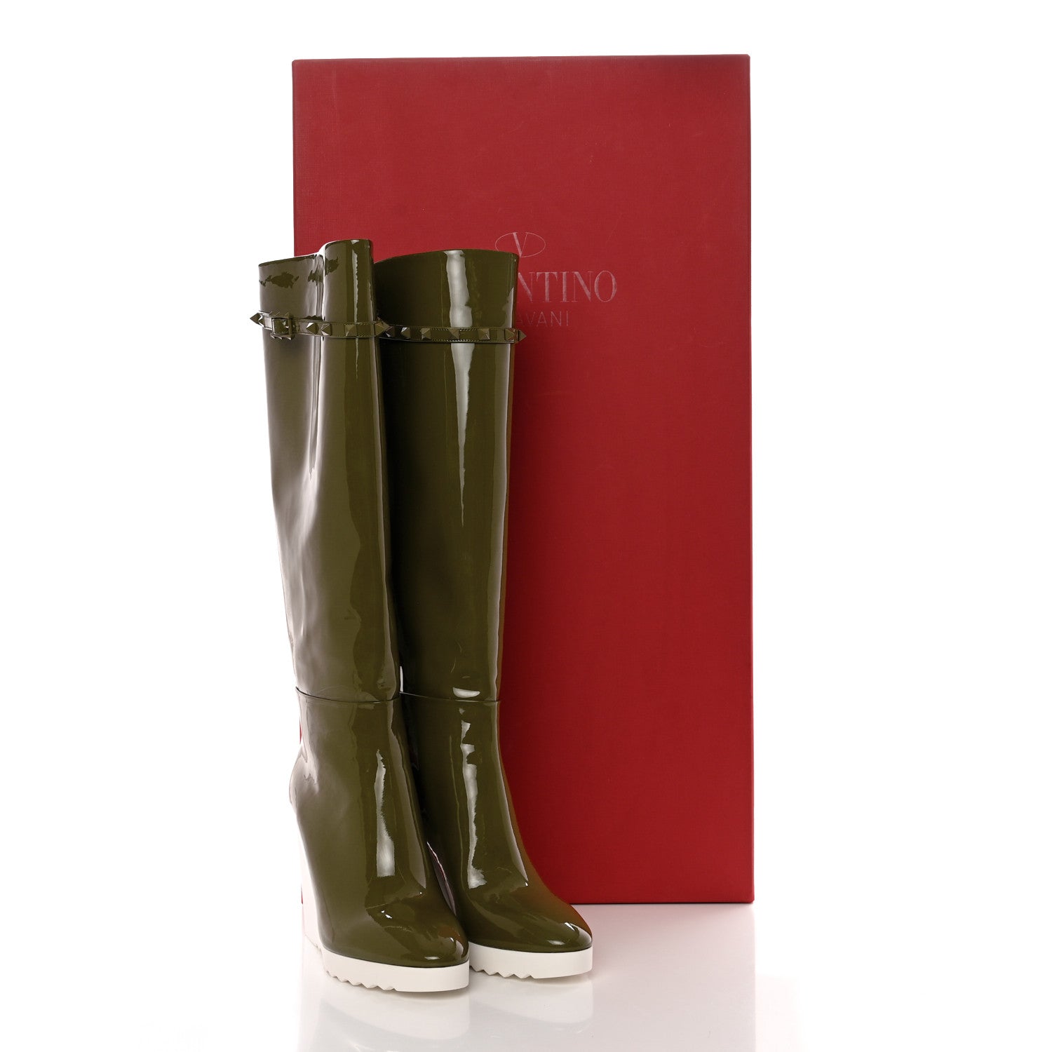Valentino Garavani Patent Rockstud Knee High 15/100mm Wedge Boots 38 Lichen White 9 of 9