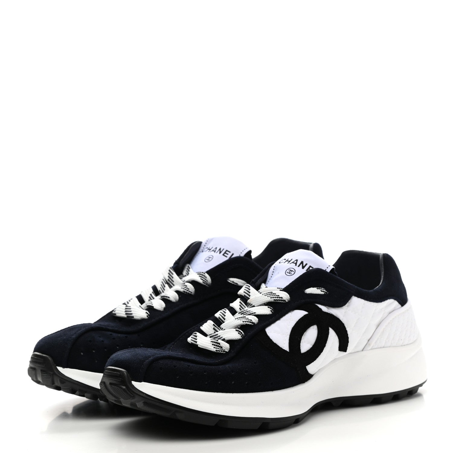 Chanel Fabric Suede Kidskin CC Sneakers 37.5 Dark Navy White 3 of 10