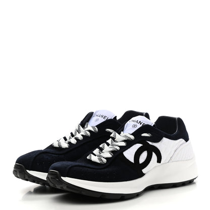Chanel Fabric Suede Kidskin CC Sneakers 37.5 Dark Navy White 3 of 10