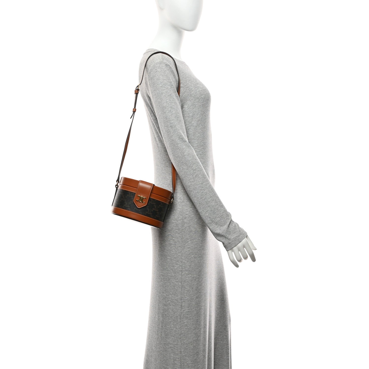 Celine Calfskin Triomphe Canvas Medium Tambour Bag Tan 2 of 10