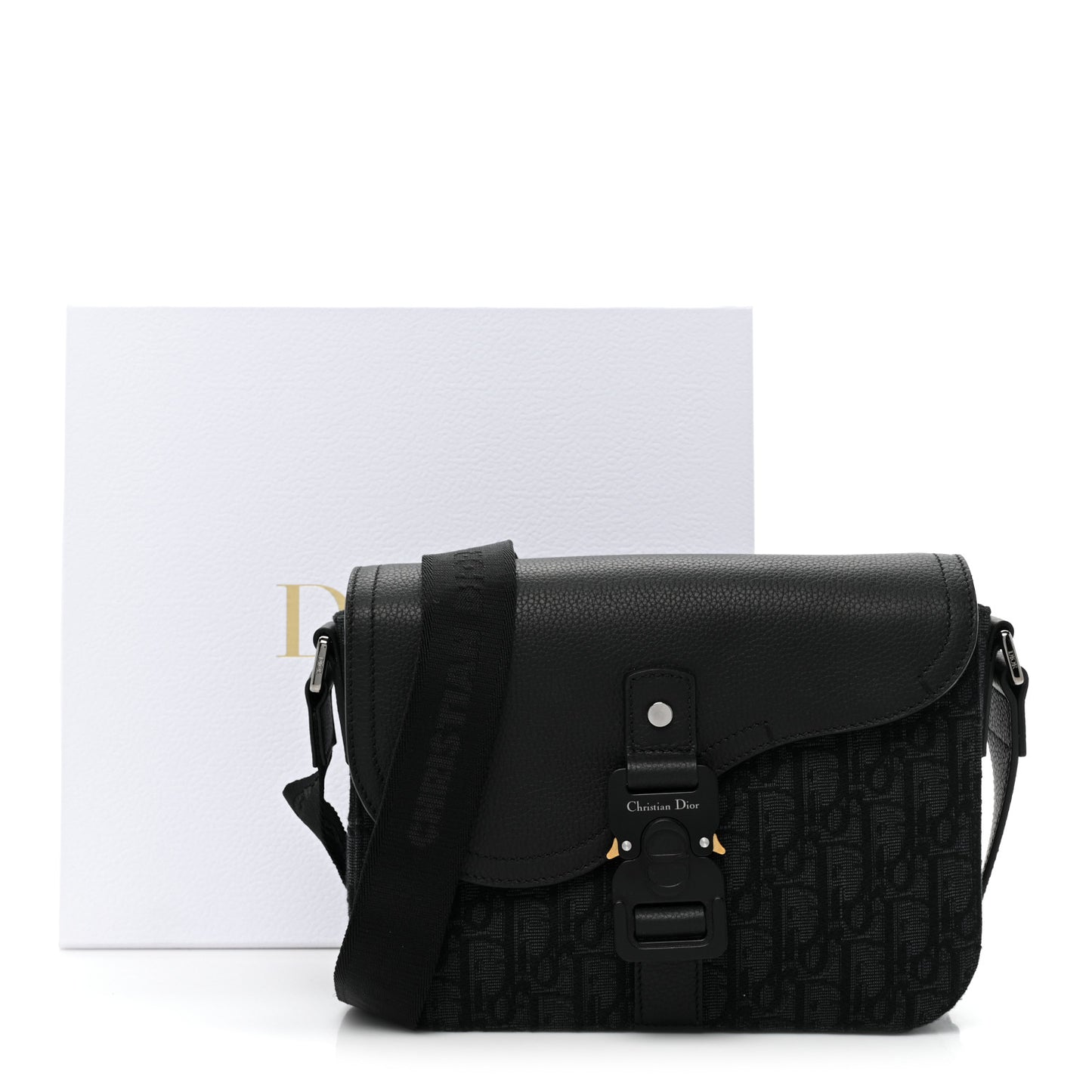 Oblique Jacquard Grained Calfskin Saddle Pouch With Strap Black