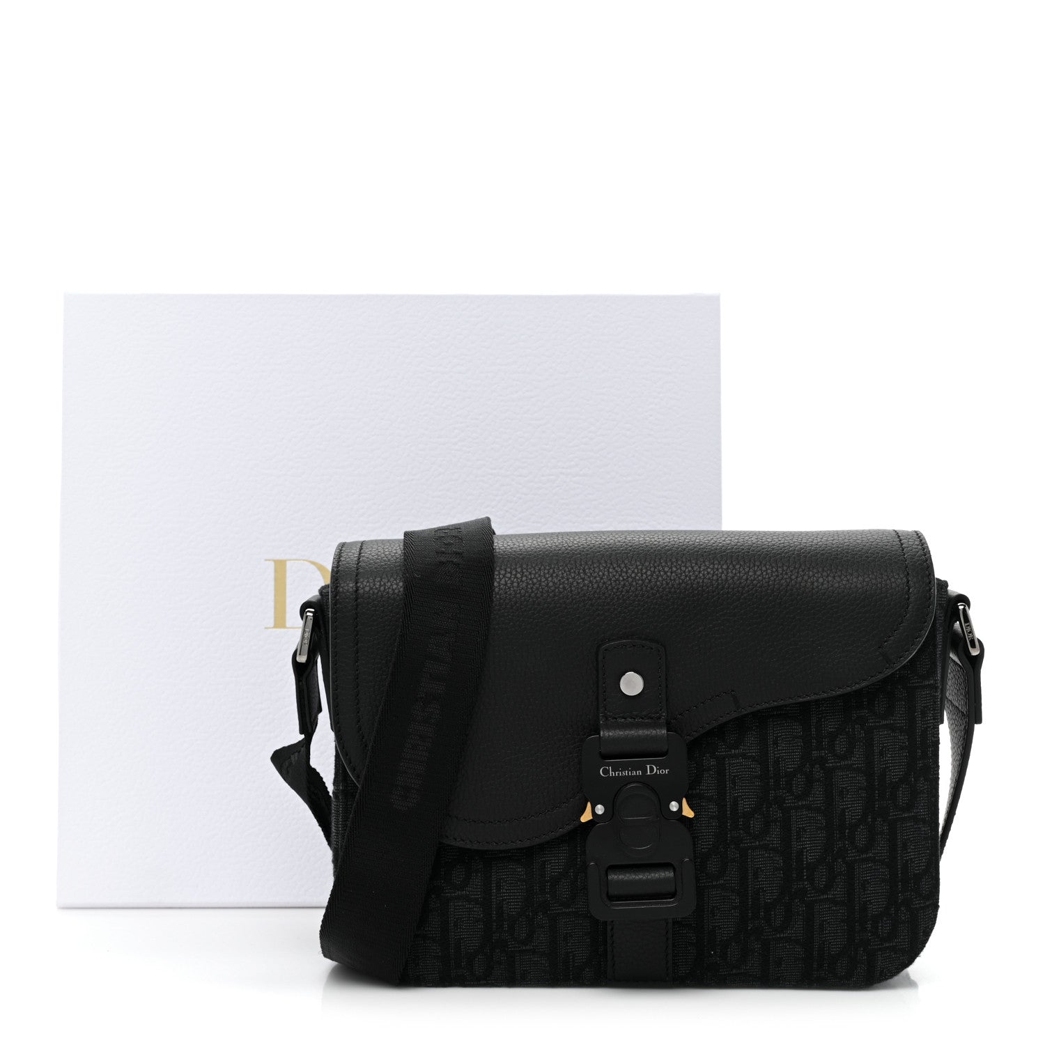 Christian Dior Oblique Jacquard Grained Calfskin Saddle Pouch With Strap Black 10 of 10