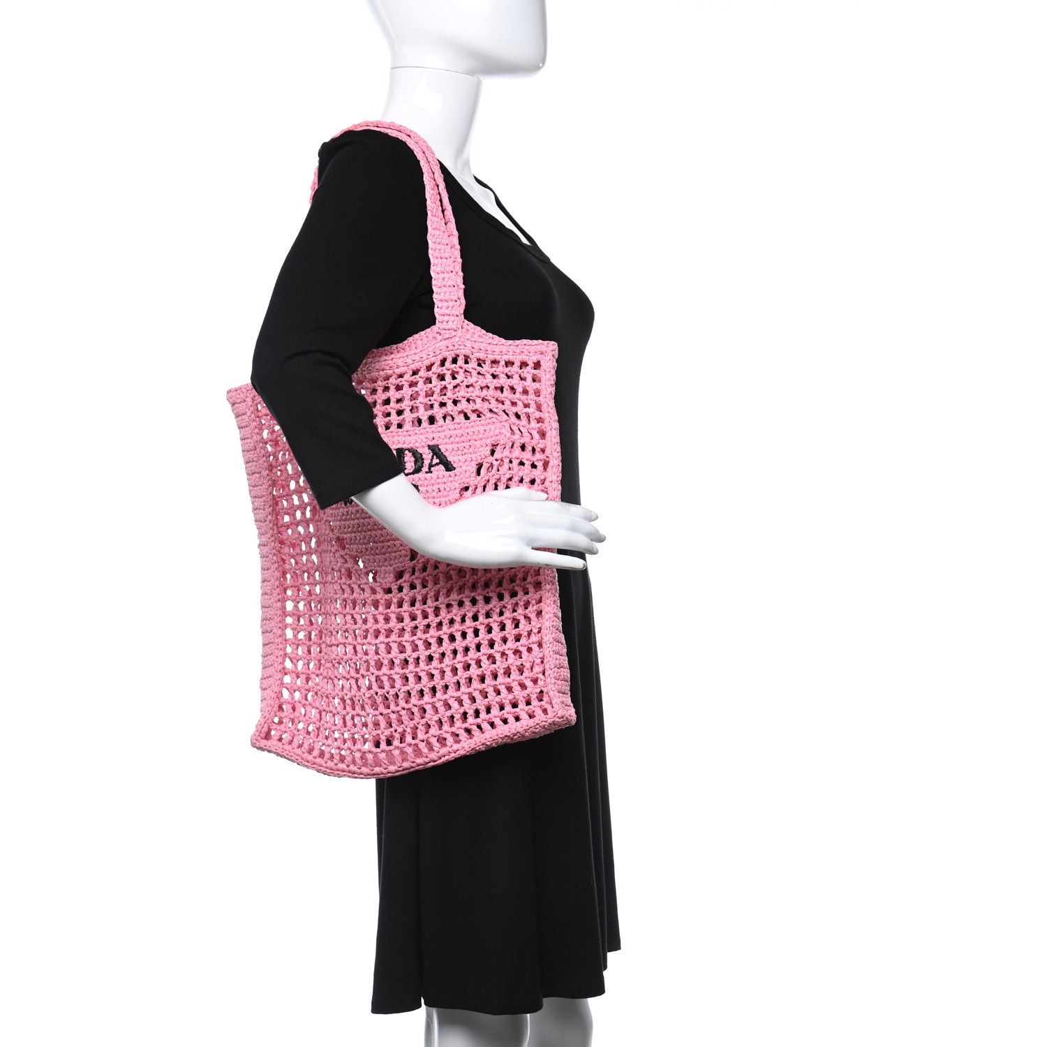 Prada Yarn Raffia Effect Crochet Logo Embroidered Tote Bag Petalo 2 of 10