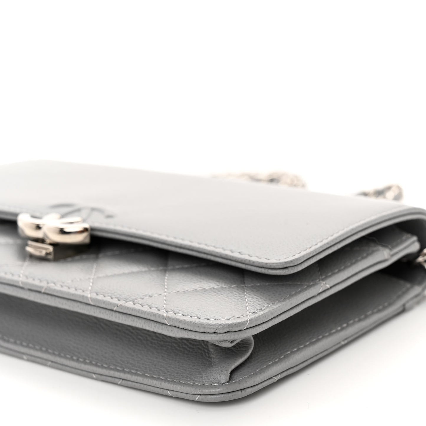 Grained Calfskin Quilted CC Box Wallet On Chain WOC Grey