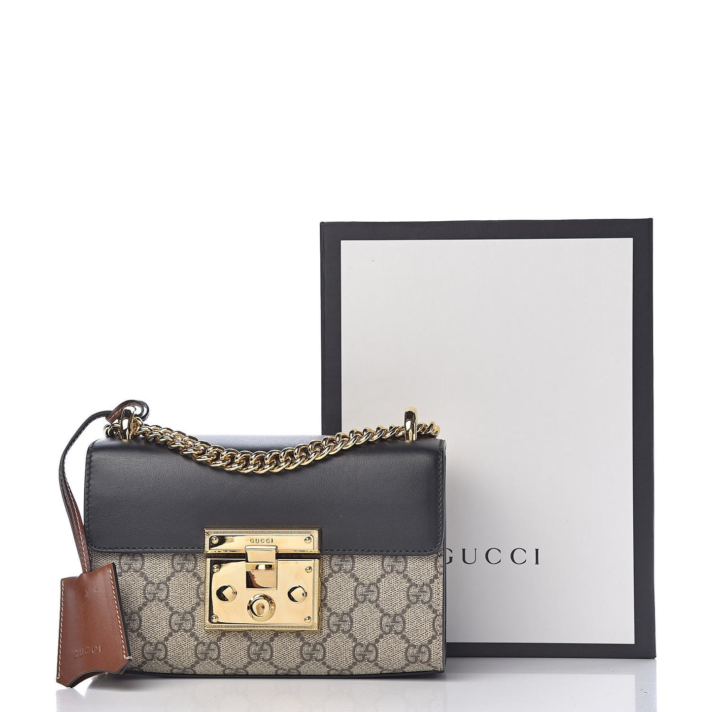 GG Supreme Monogram Calfskin Small Padlock Shoulder Bag Beige Black Cuir