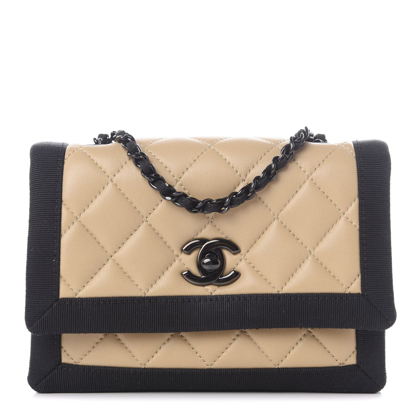 Lambskin Grosgrain Quilted Flap Beige Black