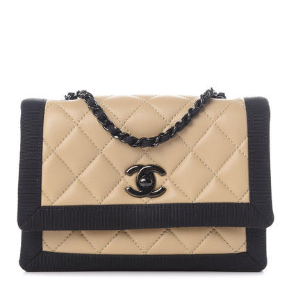 Chanel Lambskin Grosgrain Quilted Flap Beige Black 1 of 11