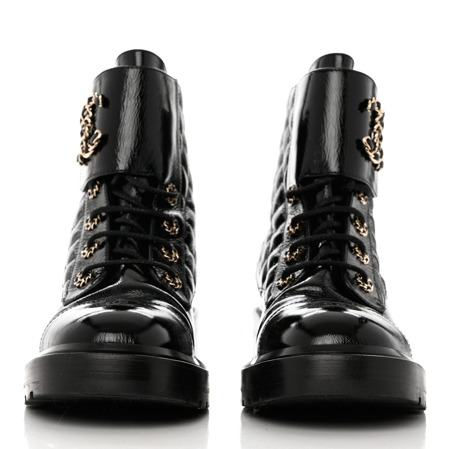 Shiny Goatskin Calfskin Quilted Lace Up Combat Boots 39.5 Black
