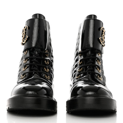 Chanel Shiny Goatskin Calfskin Quilted Lace Up Combat Boots 39.5 Black 2 of 9