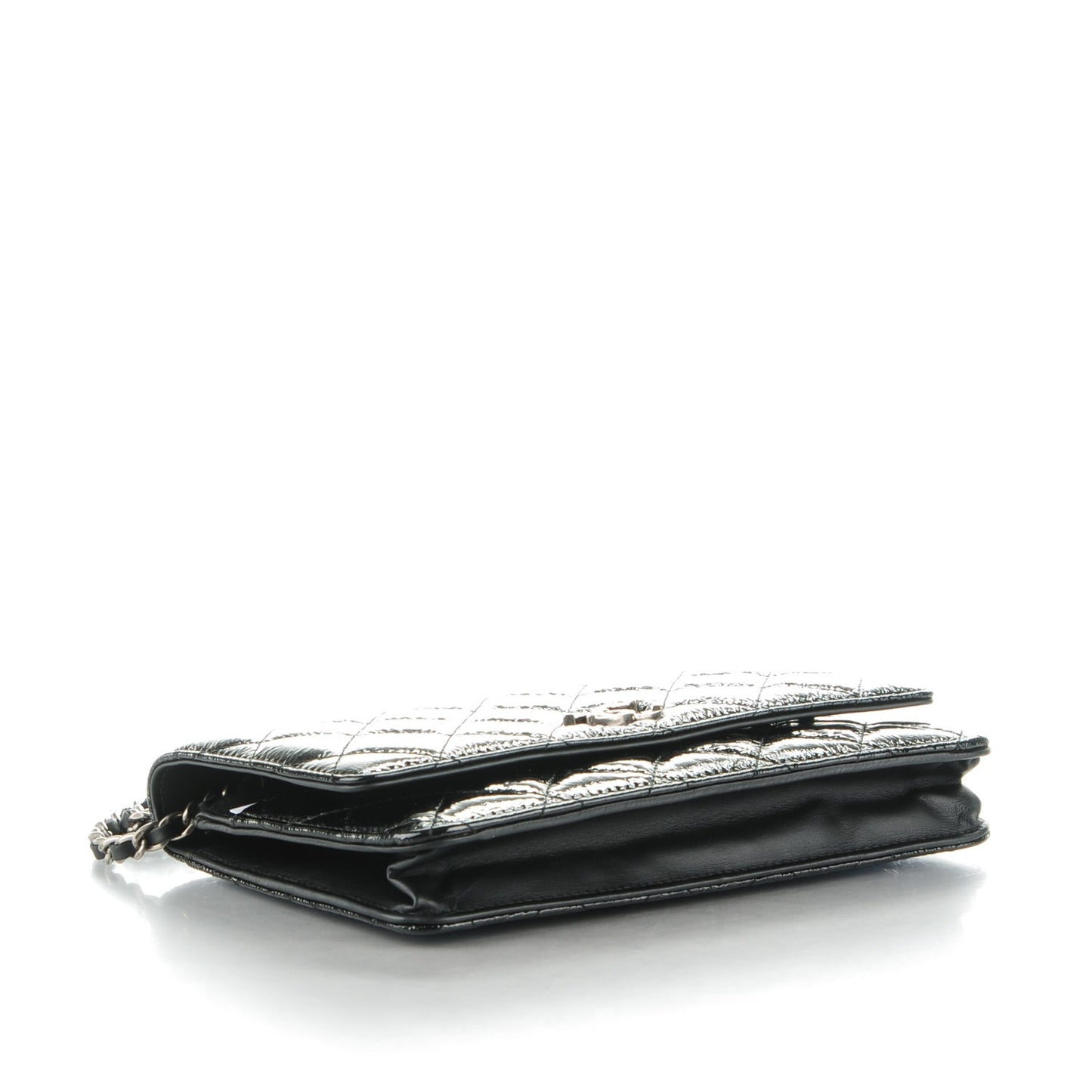 Distressed Patent Calfskin Quilted Wallet on Chain WOC Black