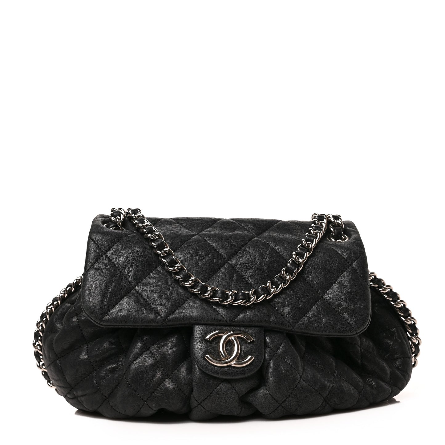 Washed Lambskin Quilted Medium Chain Around Messenger Black