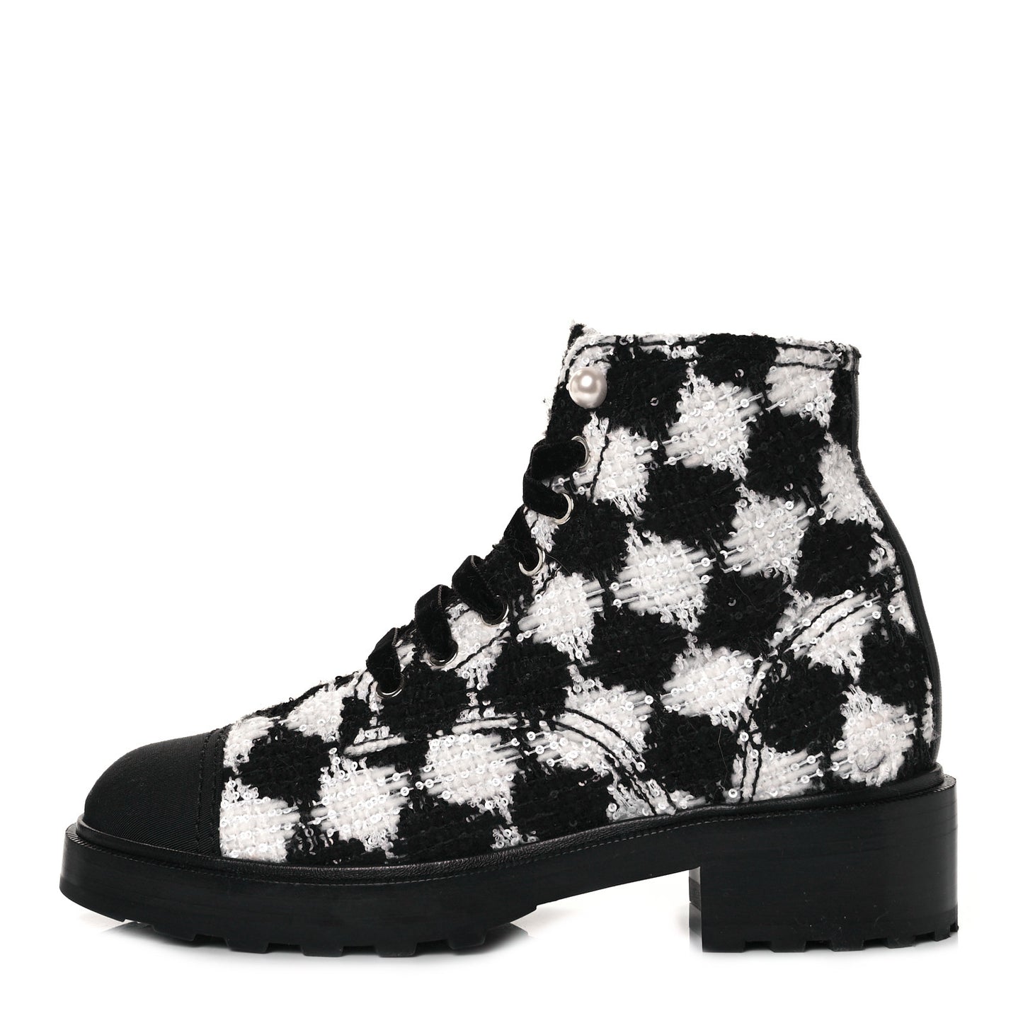 Tweed Grosgrain Pearl Combat Short Boots 38.5 White Black