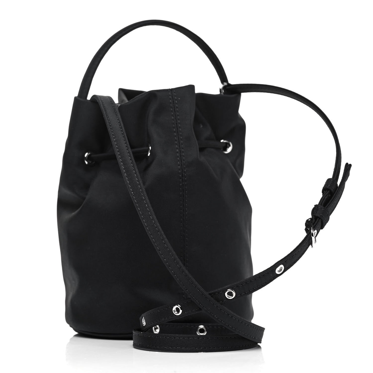 Balenciaga Recycled Sport Nylon Logo Embroidered Wheel Drawstring Bucket Bag Black White 2 of 6