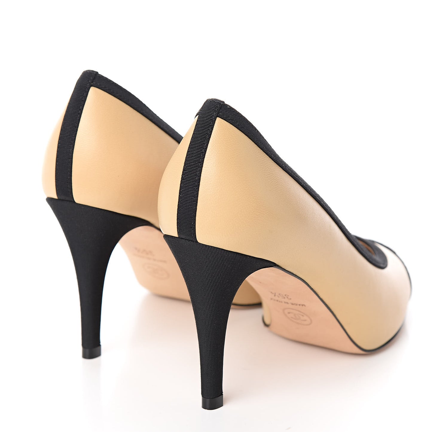 Lambskin Grosgrain Cap Toe CC Pumps 35.5 Beige Black