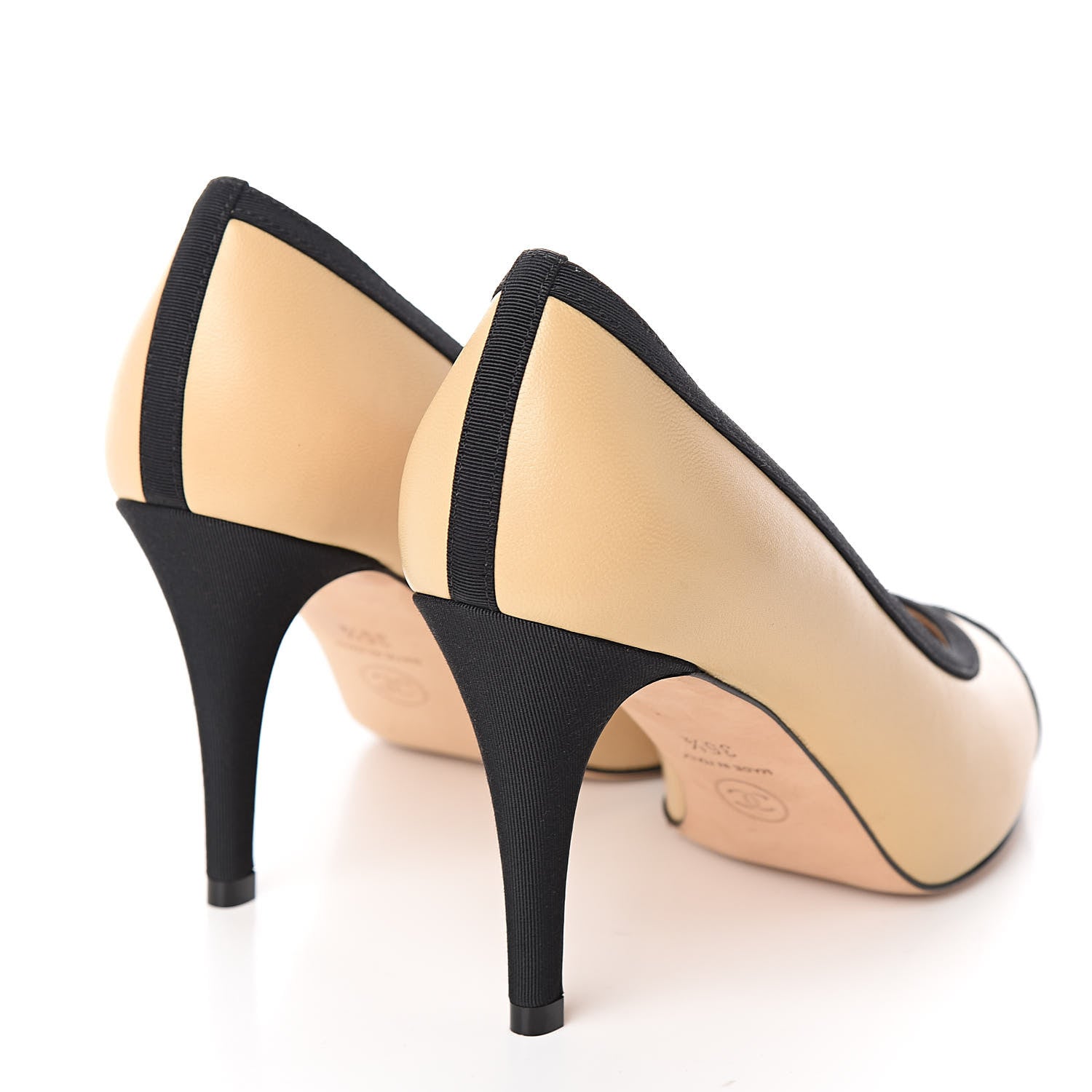 Chanel Lambskin Grosgrain Cap Toe CC Pumps 35.5 Beige Black 4 of 10