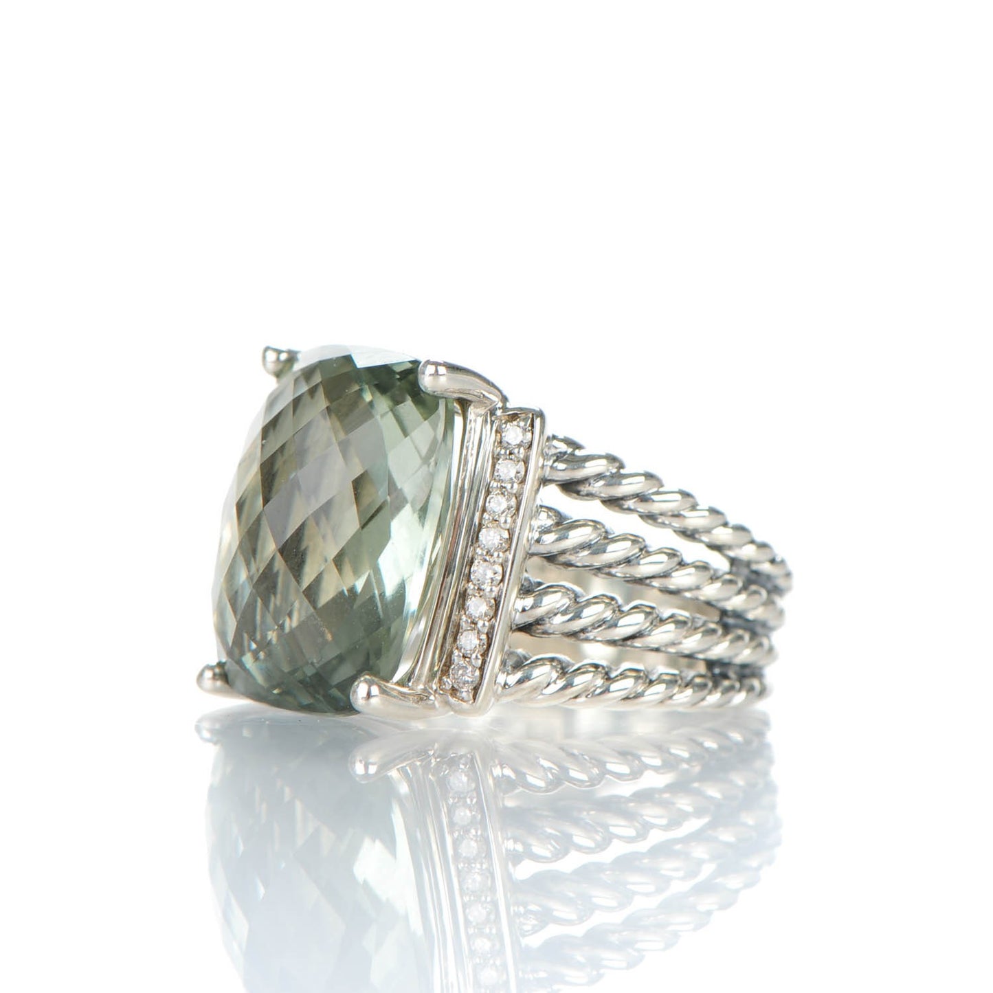 Sterling Silver Pave Diamond Prasiolite 16mm Wheaton Ring 53 6.25