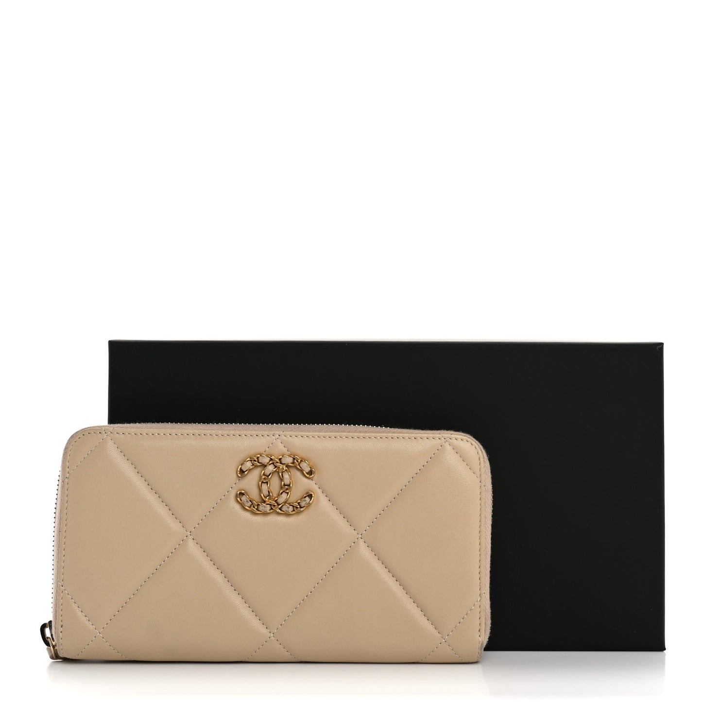 Shiny Goatskin Quilted 19 Long Zipped Around Wallet Beige