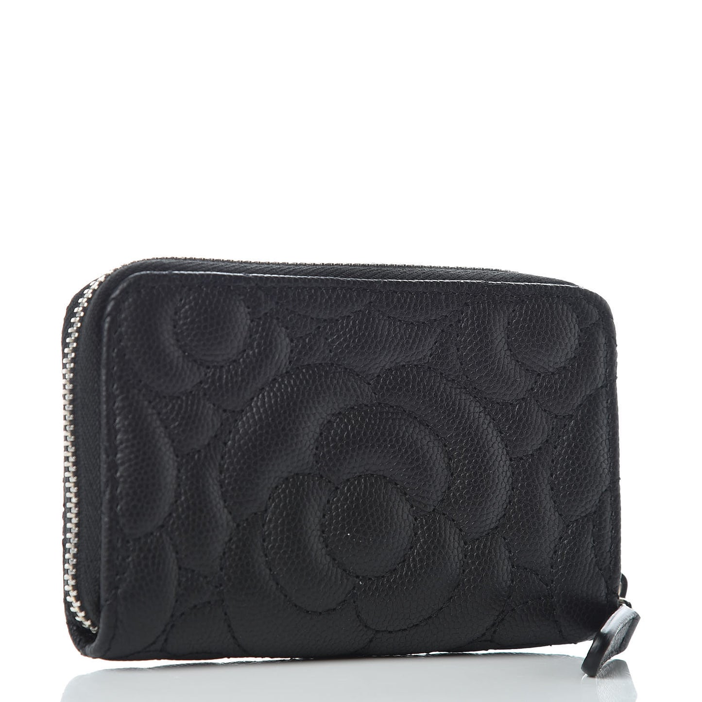 Caviar Camellia Embossed Zip Coin Purse Black