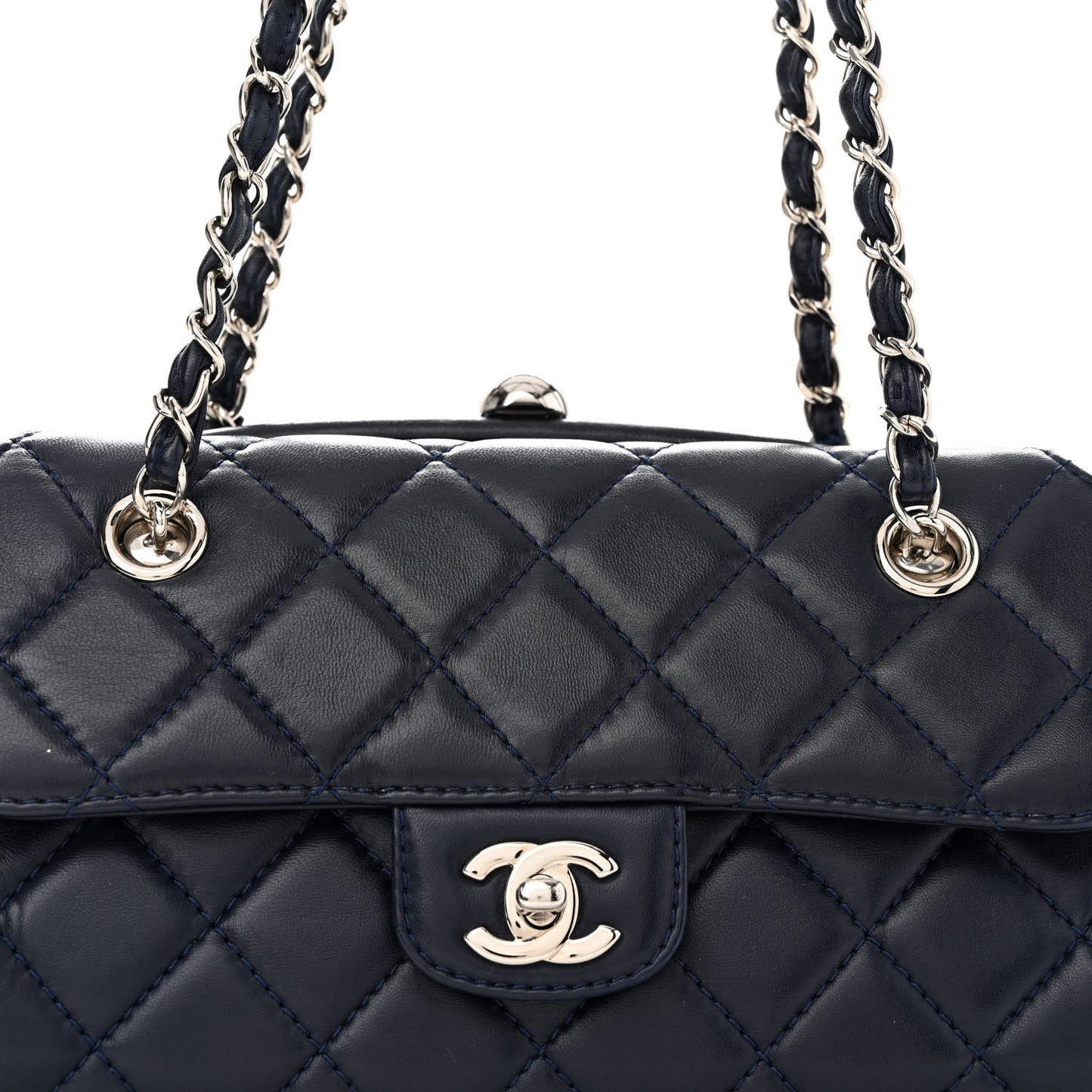 Calfskin Quilted Kisslock Frame Chain Bag Navy