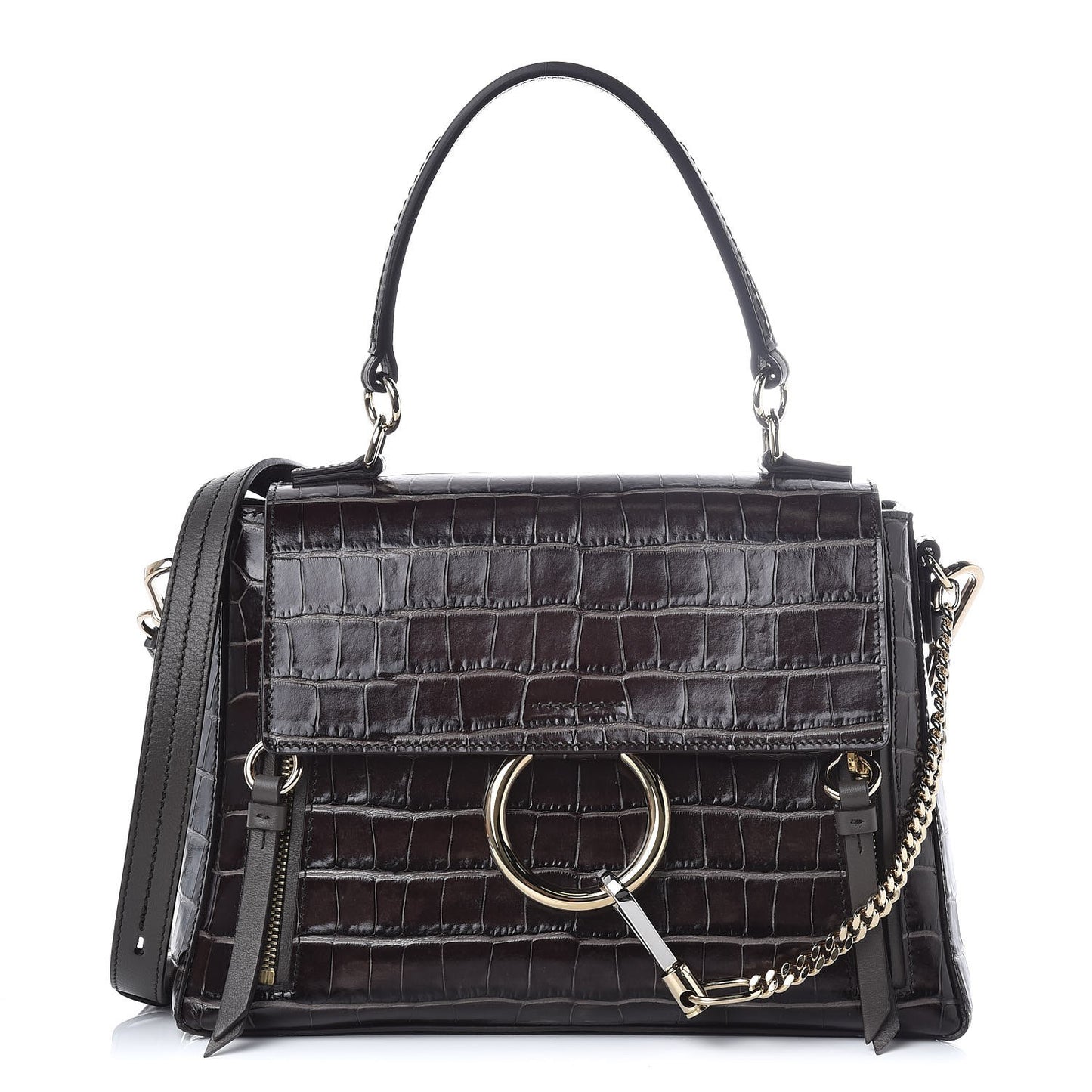 Calfskin Crocodile Embossed Small Faye Day Shoulder Bag Profound Brown