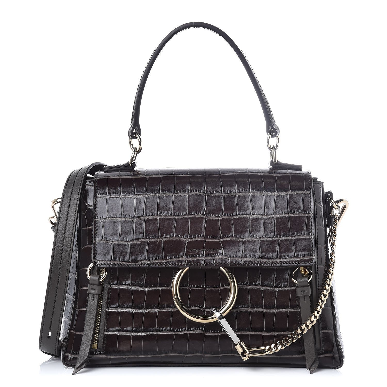 Chloe Calfskin Crocodile Embossed Small Faye Day Shoulder Bag Profound Brown 1 of 7