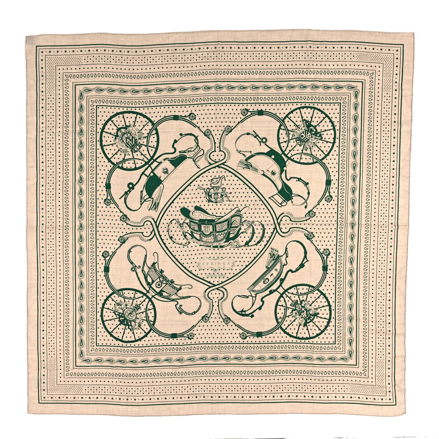 Hermes Cashmere Silk Stole Springs Bandana Shawl 140 Naturel Vert Black 1 of 4