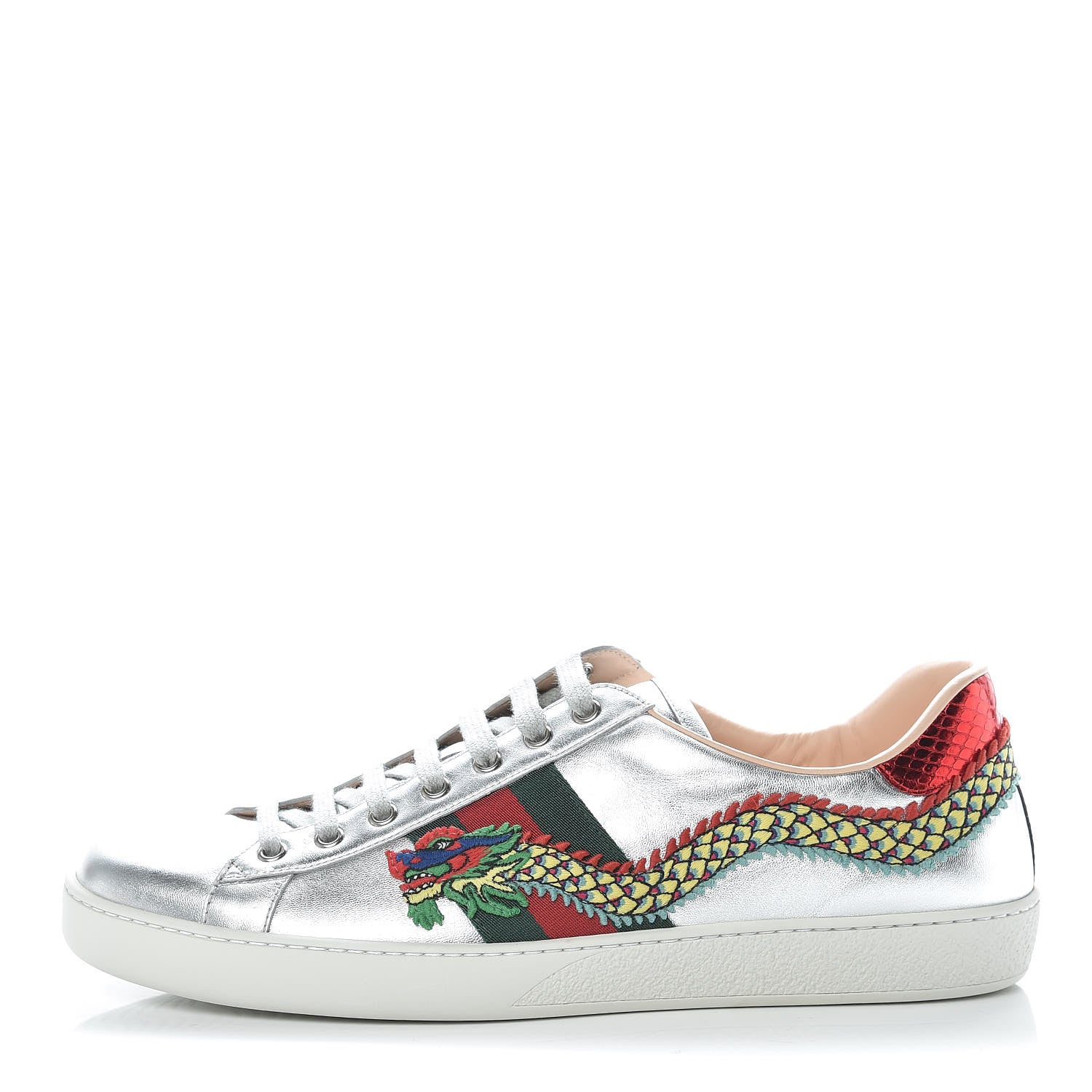 Gucci Metallic Nappa Ayers Web Dragon Embroidered Mens New Ace Sneakers 11 Silver 1 of 10