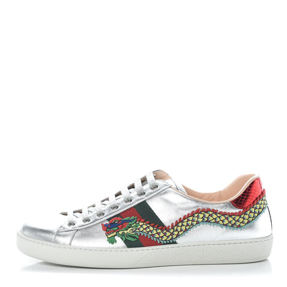 Gucci Metallic Nappa Ayers Web Dragon Embroidered Mens New Ace Sneakers 11 Silver 1 of 10