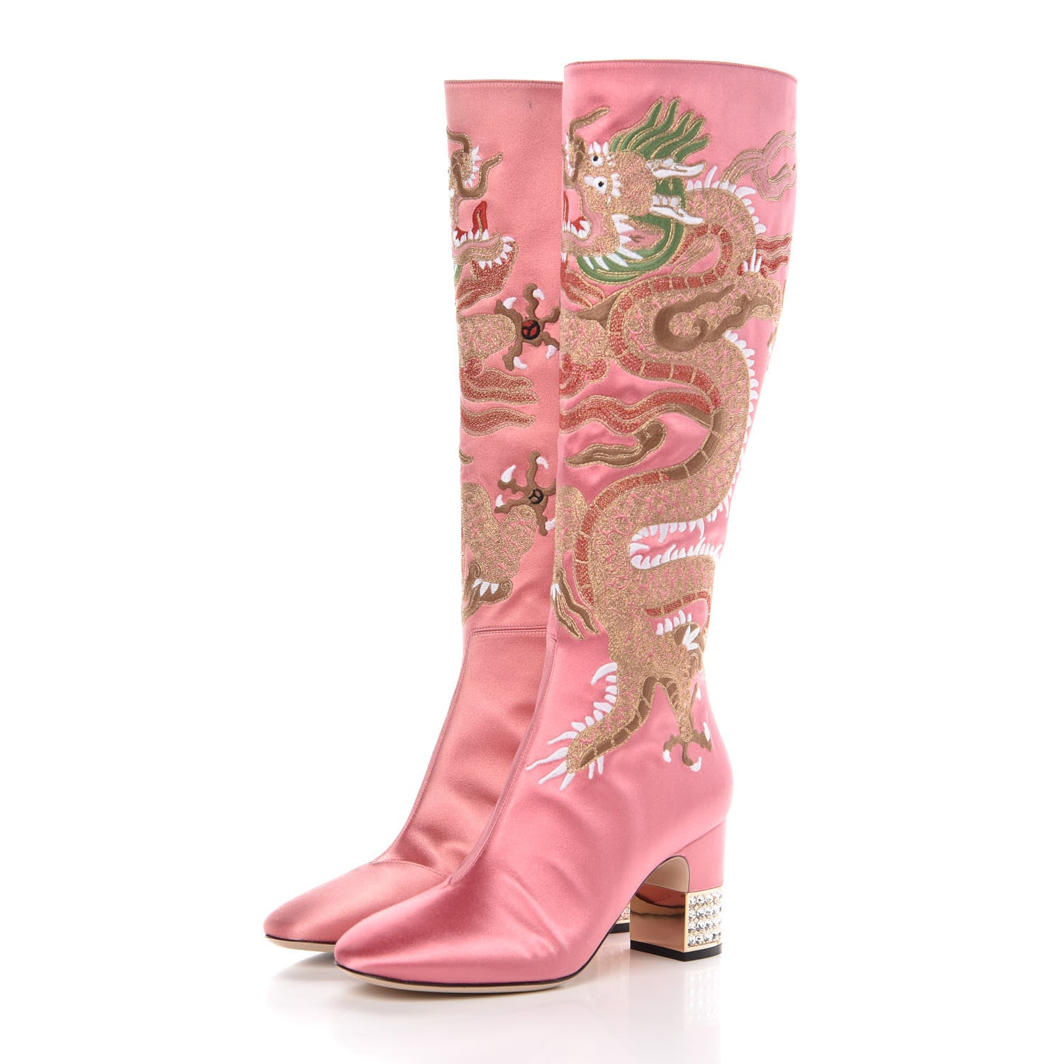 Gucci Silk Satin Malaga Kid Embroidered Candy Dragon Block-Heel Knee Boot 38 Glossy Pink 6 of 12