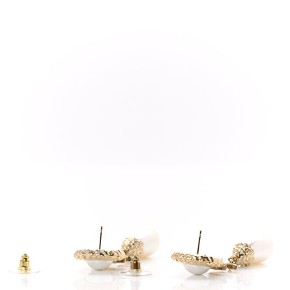 Chanel Metal Pearl Crystal Textured Teardrop CC Drop Earrings Gold 3 of 5