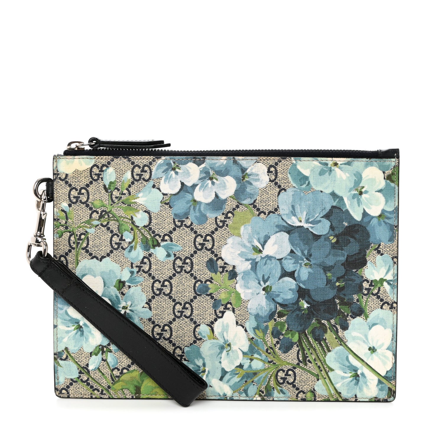 GG Supreme Monogram Blooms Small Zip Wristlet Pouch Beige Blue Black