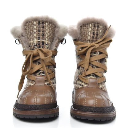 Chanel Tweed Shearling Lace Up Short Boots 35 Beige 2 of 9