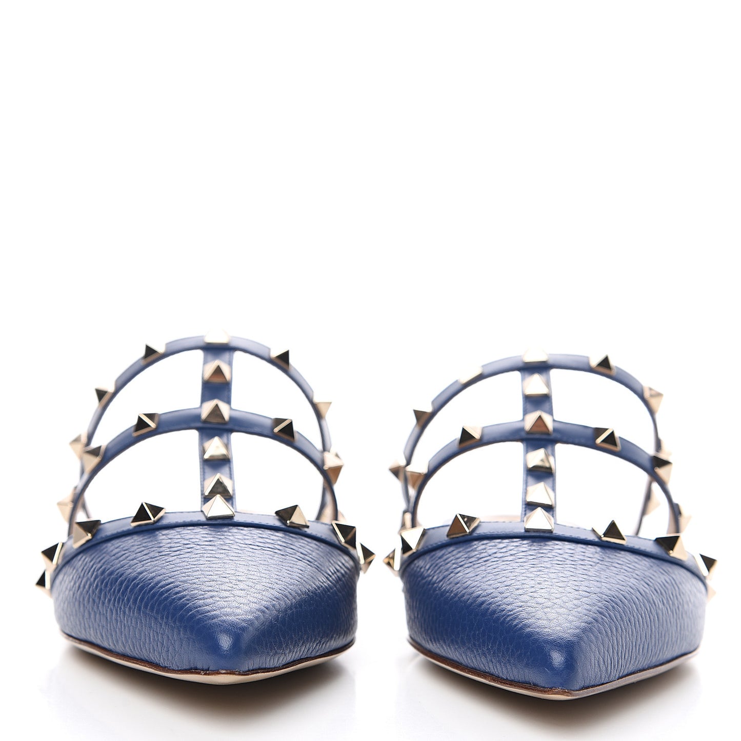 Pebbled Calfskin Rockstud Flat Cage Mules 38 Light Ocean