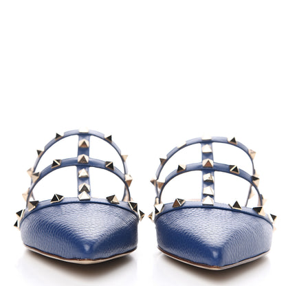 Valentino Garavani Pebbled Calfskin Rockstud Flat Cage Mules 38 Light Ocean 2 of 11