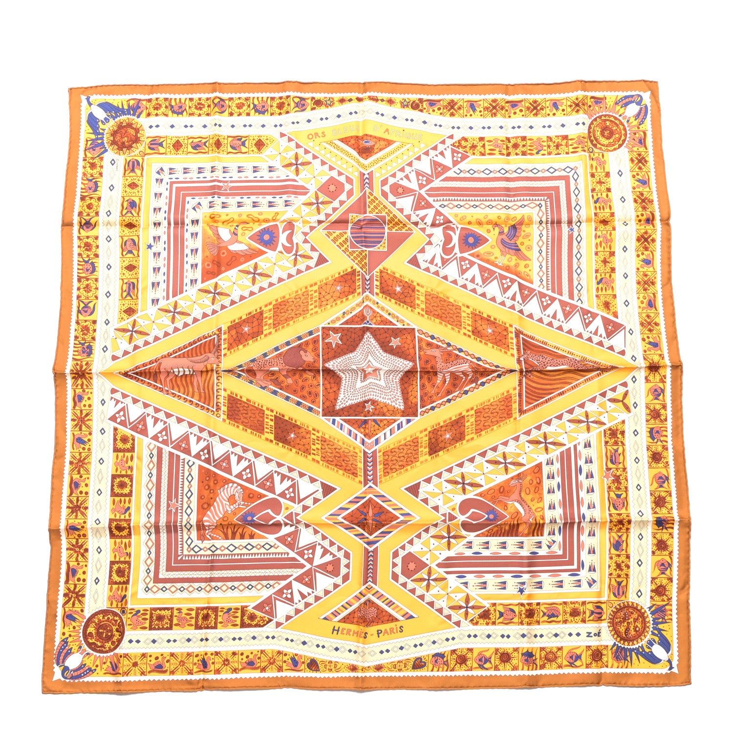 Hermes Silk Ors Bleus D’Afrique Scarf 90 Caramel Jaune D'Or Cannelle 1 of 4