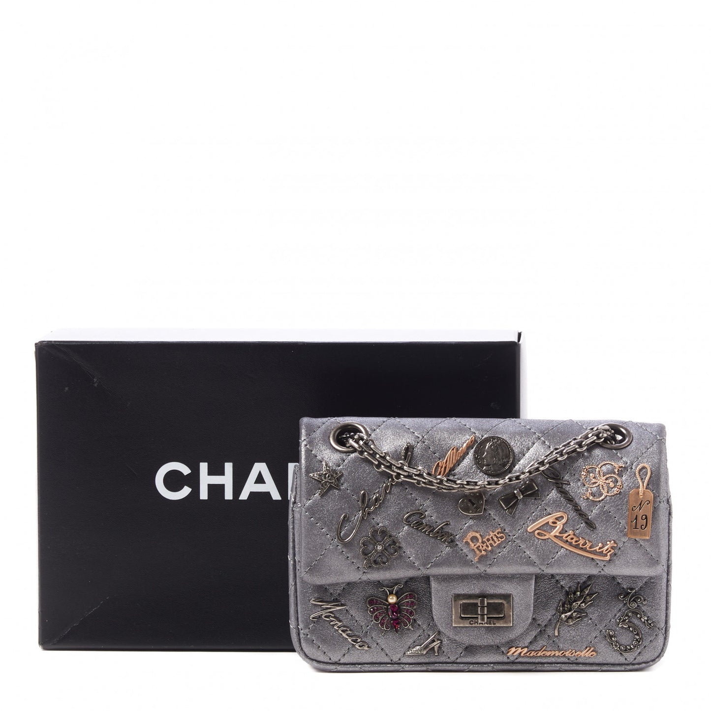 Metallic Calfskin Quilted Lucky Charms 2.55 Reissue 224 Flap Dark Silver