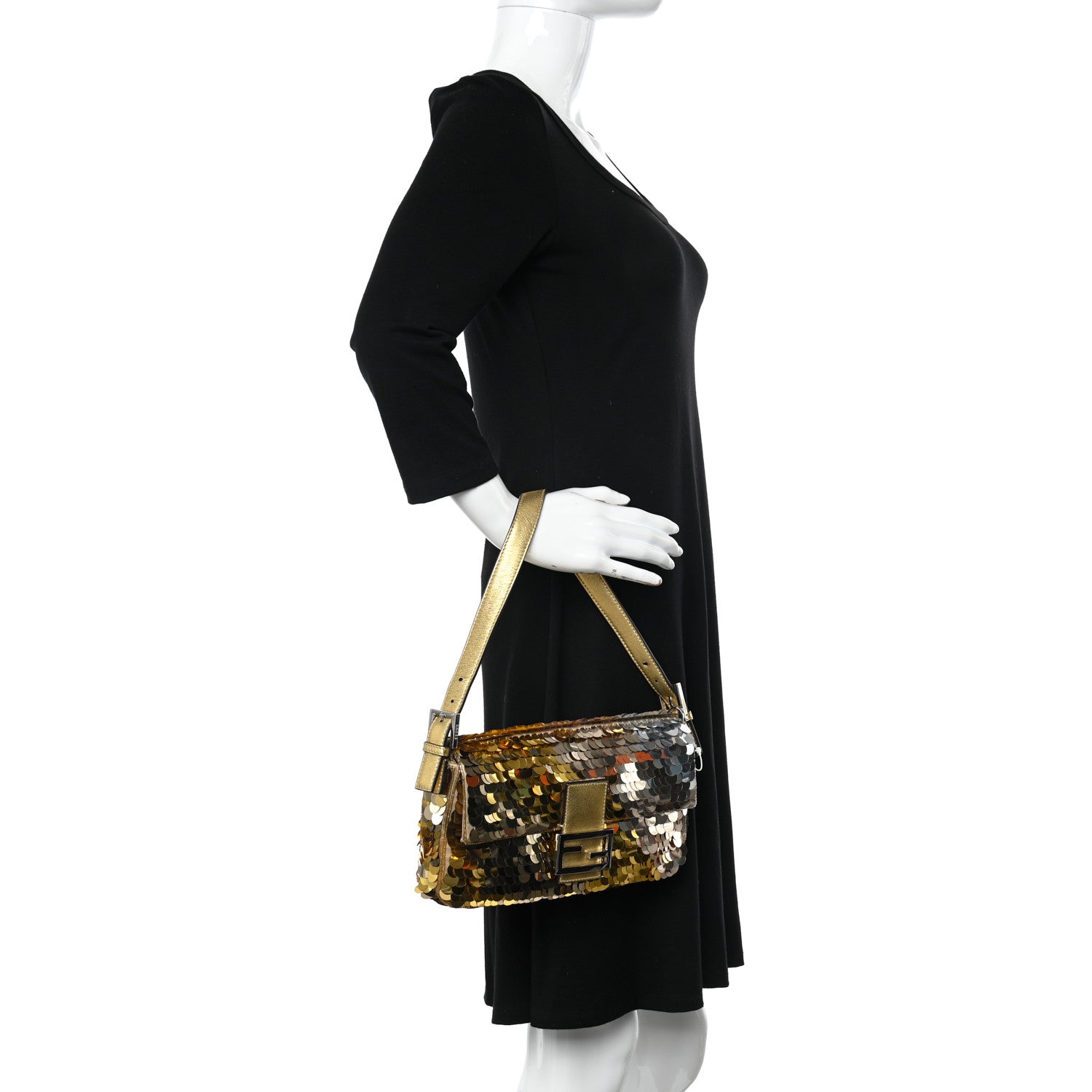 Fendi Sequin Paillettes Vitello Laminato Striped Baguette 1997 Oro Sfumato 2 of 9