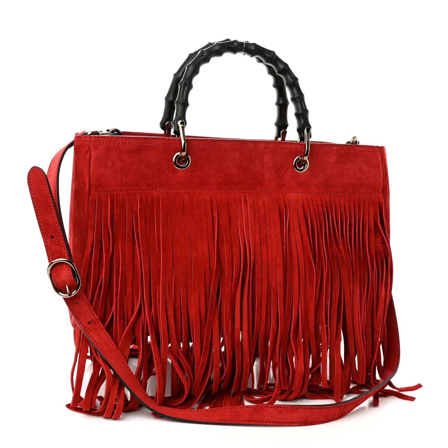 Gucci Suede Bamboo Fringe Medium Shopper Tote Red 3 of 11