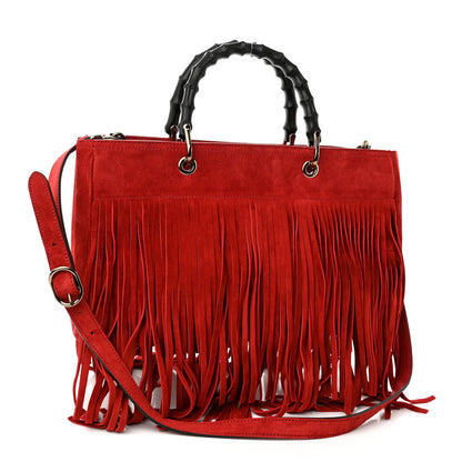 Gucci Suede Bamboo Fringe Medium Shopper Tote Red 3 of 11