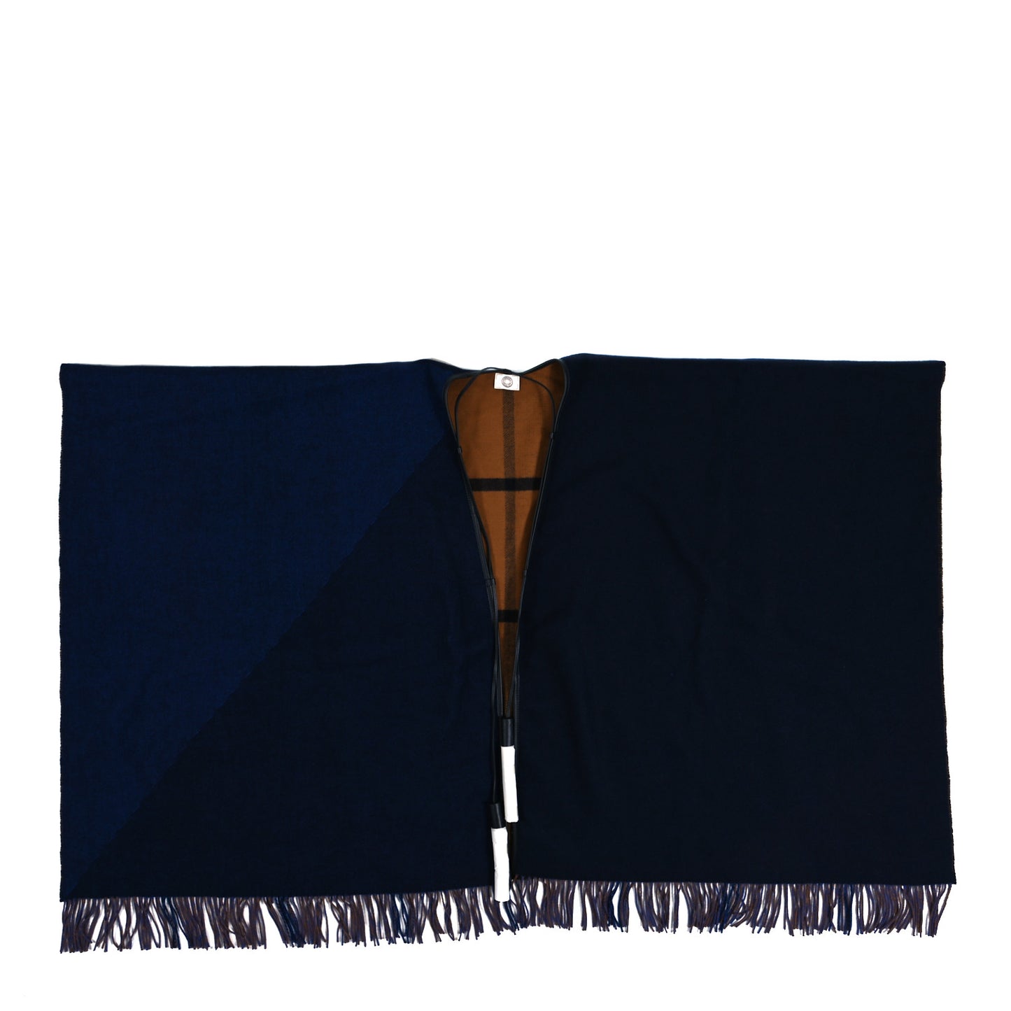 Wool Calfskin Reversible Highlands Poncho Navy Royal Fauve