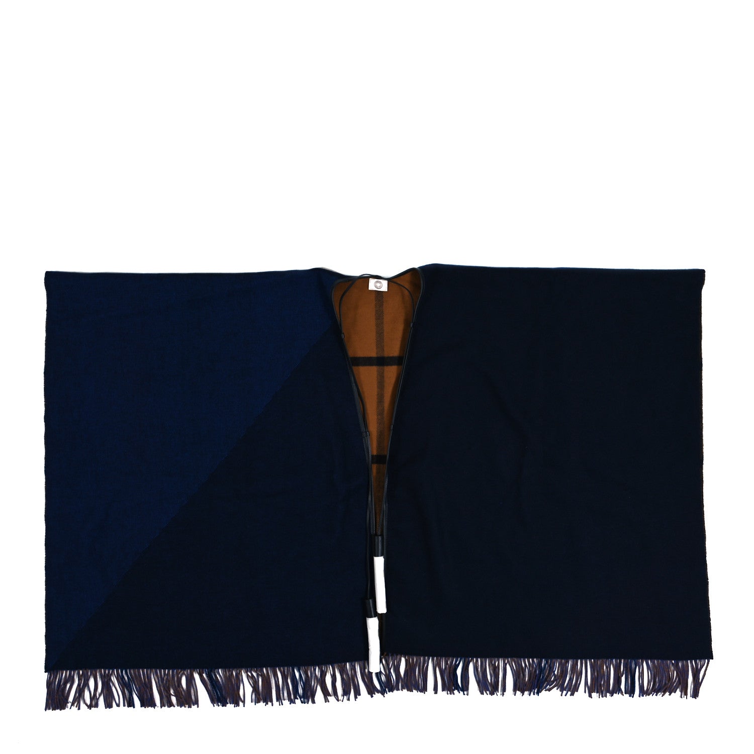 Hermes Wool Calfskin Reversible Highlands Poncho Navy Royal Fauve 1 of 4