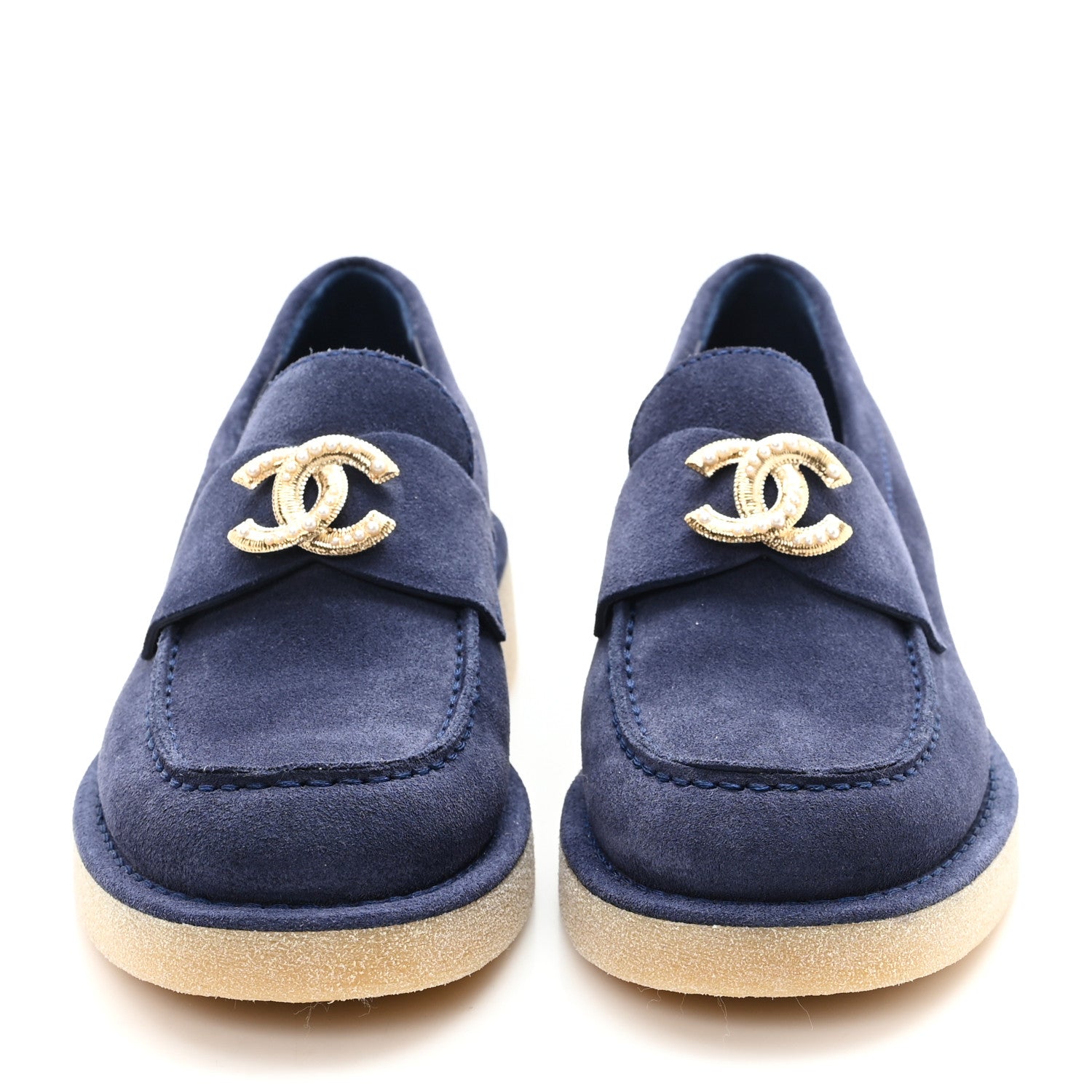 Chanel Suede Calfskin Pearl CC Moccasin Loafers 37 Navy 1767205